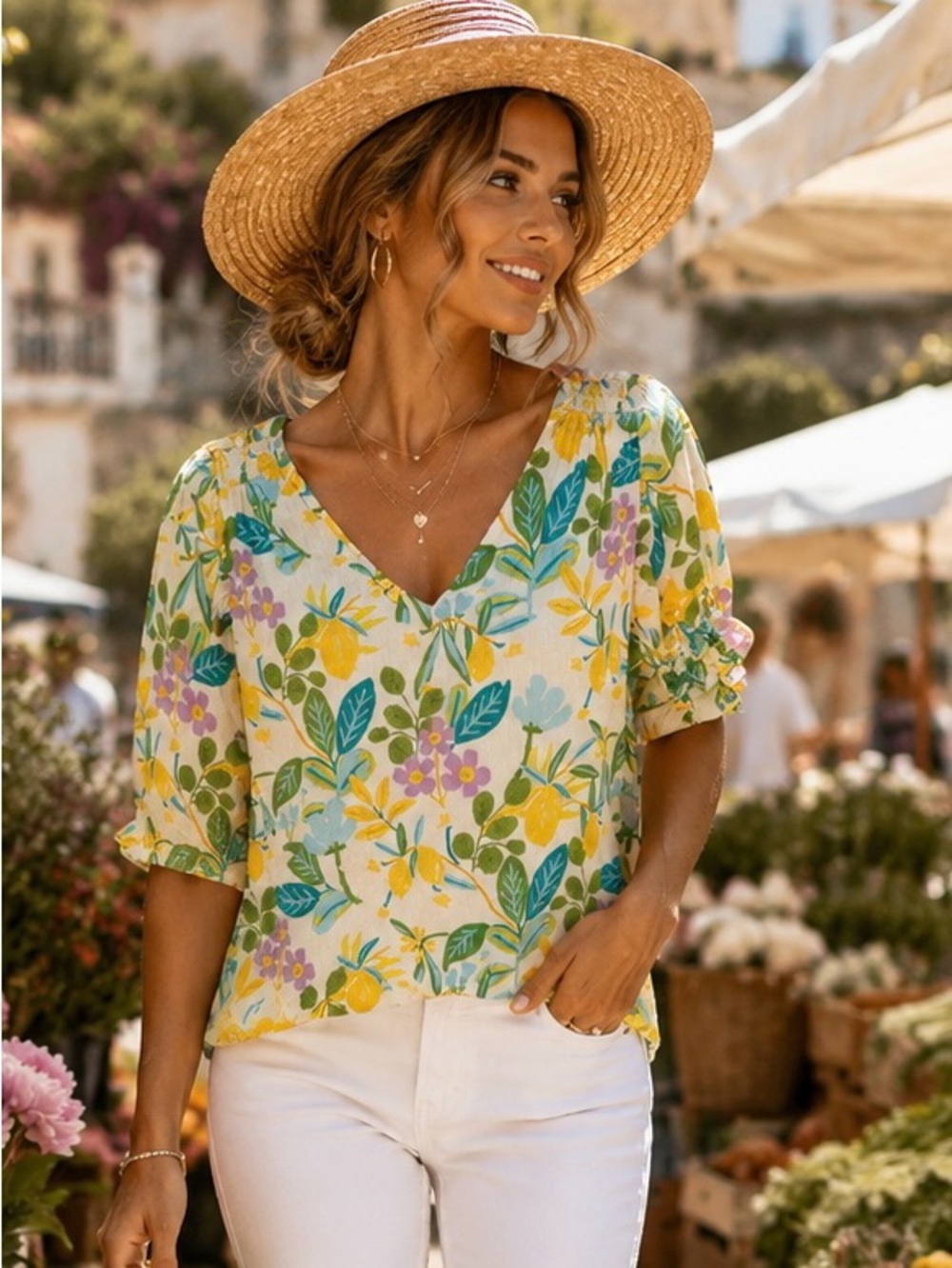 Rachel Roy XL Lemon Floral Peasant Blouse Boho Cottagecore Euro Summer
